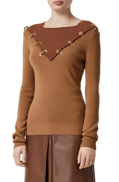 Shop Burberry Contrast Neck Ring Detail Wool & Cashmere Sweater In Warm Camel