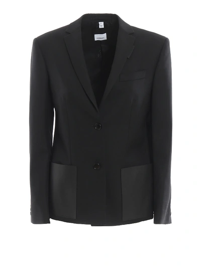 Shop Burberry Leather Pockets Pure Wool Blazer In Black