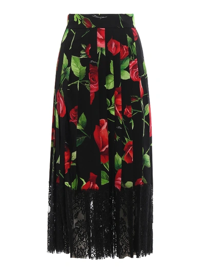 Shop Dolce & Gabbana Lace Trimmed Rose Print Silk Pleated Skirt In Black