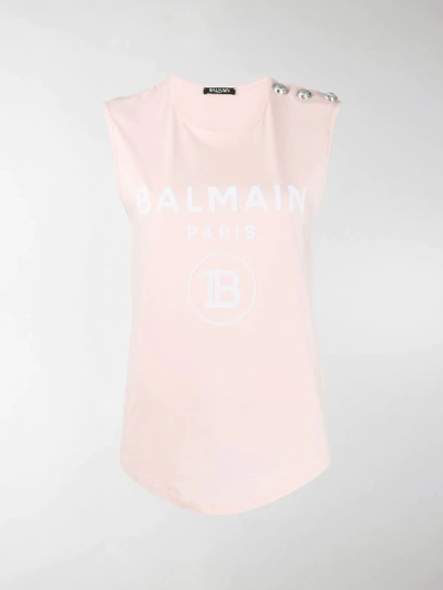 Shop Balmain Logo Print Tank Top In Pink