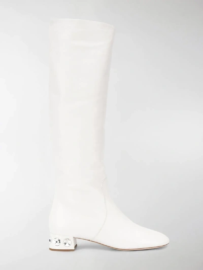 Shop Miu Miu Madras Crystal Embellished Boots In White