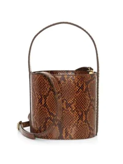Shop Staud Bissett Snakeskin-embossed Leather Bucket Bag In Caramel