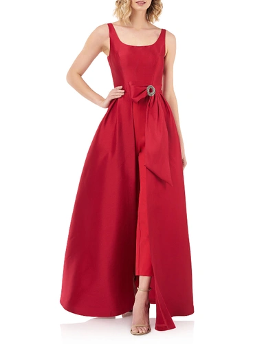 Shop Kay Unger Sophie Sleeveless Mikado Walk Thru Jumpsuit W/ Ankle Pants & 3d Bow In Stunning Red