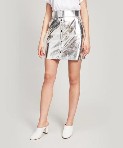 Shop Msgm Metallic Button-up Pencil-skirt In Silver