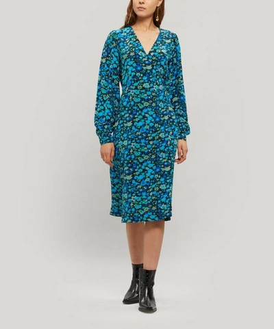 Shop Ganni Silk Floral Wrap Dress In Blue