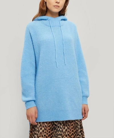 Shop Ganni Long Soft Wool Knitted Hoodie In Blue