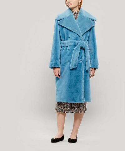 Shop Stine Goya Happy Faux-fur Tie-waist Coat In Blue