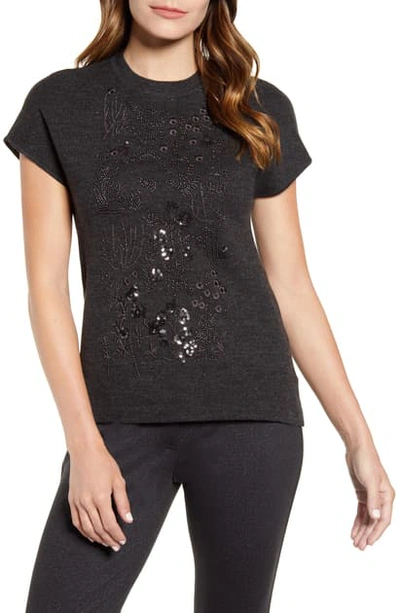 Shop Anne Klein Embellished Short Sleeve Sweater In Black Heather Denim