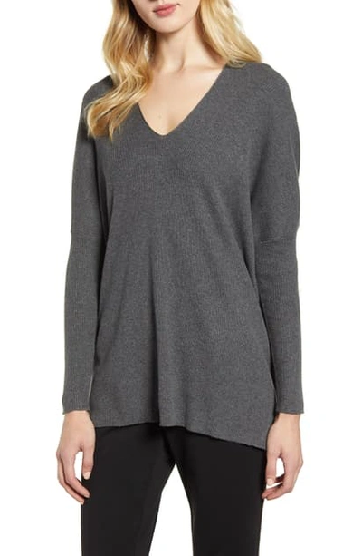 Shop Anne Klein Rib V-neck Sweater In Dark Heather Grey
