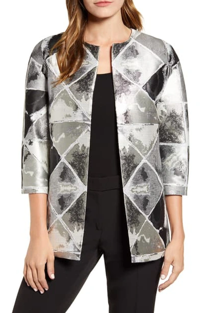 Shop Anne Klein Metallic Diamond Pattern Collarless Jacket In Zinc Combo