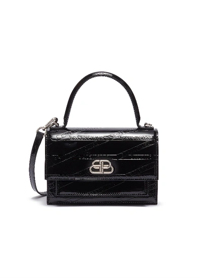 Shop Balenciaga 'sharp Xs' Logo Embossed Patent Leather Shoulder Bag In Black Logo Embossed