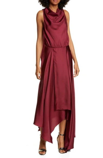 Shop Amur Nikita Asymmetrical Silk Satin Dress In Burgundy