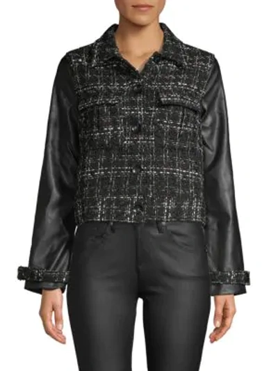 Shop Laundry By Shelli Segal Faux Leather-sleeve Tweed Jacket In Black