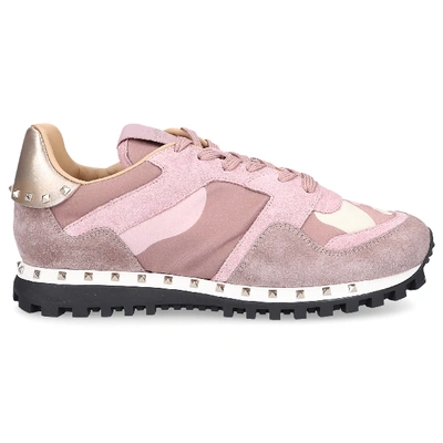 Shop Valentino Low-top Sneakers Rockrunner Suede Textile Logo Rivets Pale Pink