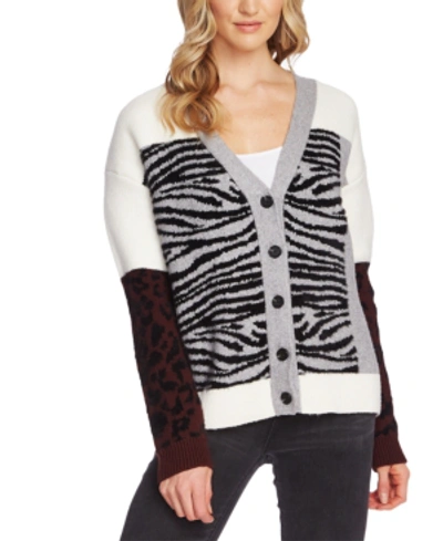 Shop Vince Camuto Mixed Zebra-print Colorblocked Cardigan Sweater In Light Heather Grey