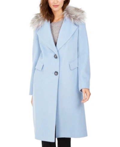 Calvin Klein Petite Single-breasted Faux-fur Walker Coat In Pastel  Blue/grey Fur | ModeSens