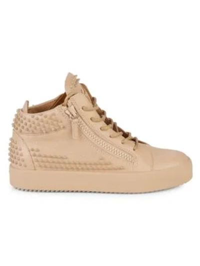 Shop Giuseppe Zanotti Studded Leather Mid-top Sneakers In Tan