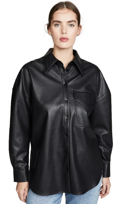 Shop Tibi Utility Faux Leather Shirt In Black