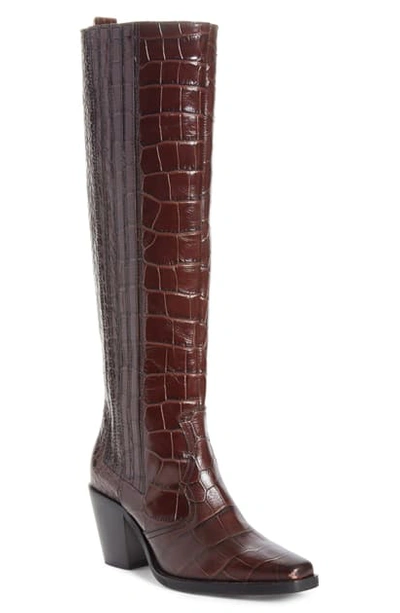 Shop Ganni Croc Embossed Leather Knee High Western Boot In Chicory Coffee