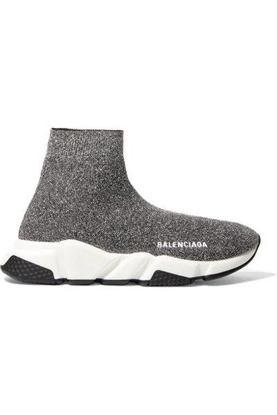 Shop Balenciaga Speed Logo-print Metallic Stretch-knit High-top Sneakers In Gray