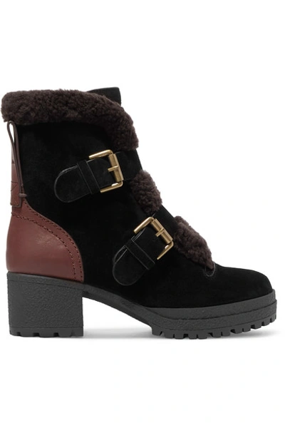 Shop See By Chloé Shearling-trimmed Suede And Leather Ankle Boots In Black
