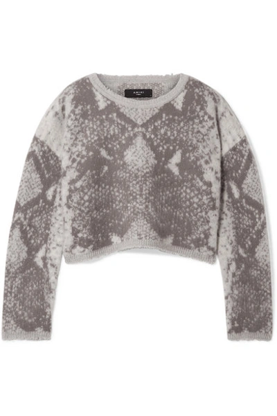 Shop Amiri Cropped Intarsia Wool And Cashmere-blend Sweater In Gray