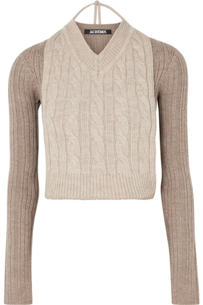 Shop Jacquemus Layered Cable-knit Two-tone Merino Wool Sweater In Gray