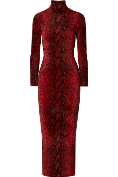 Shop Alexander Wang Snake-print Chenille Turtleneck Midi Dress In Red