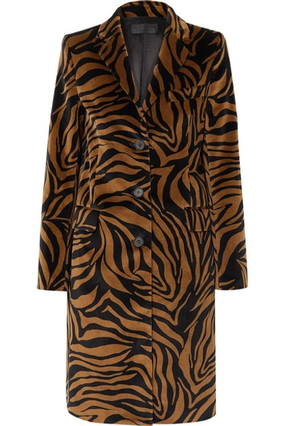 Shop Nili Lotan Rosalin Zebra-print Cotton-velvet Coat In Brown