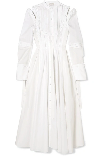 Shop Alexander Mcqueen Cutout Pleated Cotton-poplin Dress In Cream