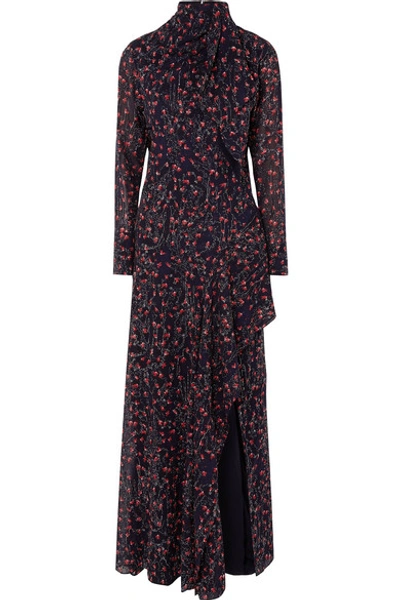 Shop Chloé Pussy-bow Embroidered Floral-print Silk-georgette Gown In Midnight Blue