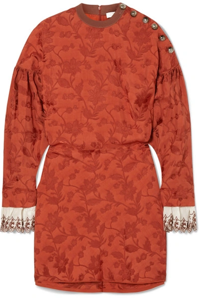 Shop Chloé Embroidered Silk Blend-trimmed Jacquard Mini Dress In Red