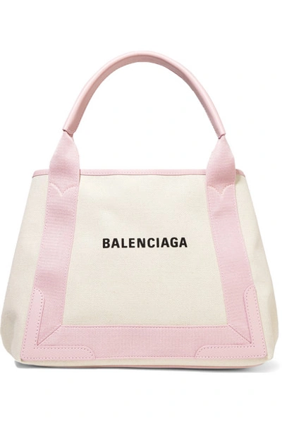 Shop Balenciaga Cabas Small Leather-trimmed Printed Canvas Tote In Ecru