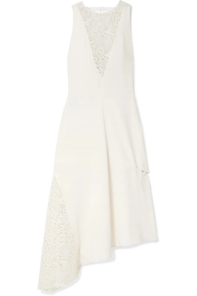 Shop Tibi Open-back Asymmetric Guipure Lace-paneled Embellished Crepe Midi Dress In Ivory