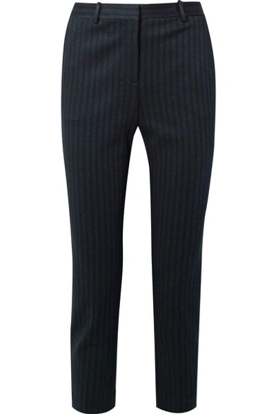 Shop Theory Cropped Pinstriped Stretch-knit Slim-leg Pants In Midnight Blue