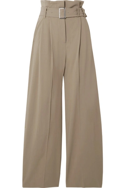 Shop Burberry Belted Grain De Poudre Wide-leg Pants In Mushroom