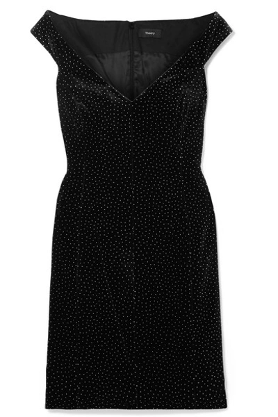Shop Theory Off-the-shoulder Polka-dot Cotton-velvet Mini Dress In Black