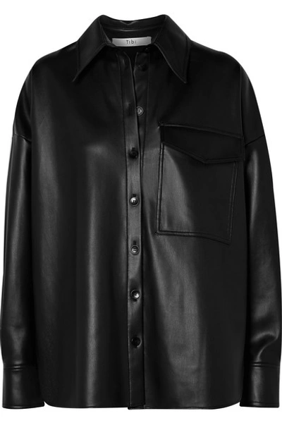 Shop Tibi Oversized Faux Leather Shirt In Black