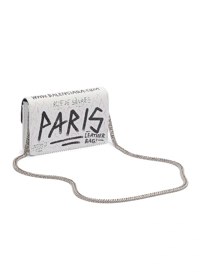 Shop Balenciaga 'bb' Graffiti Print Leather Wallet On Chain In White