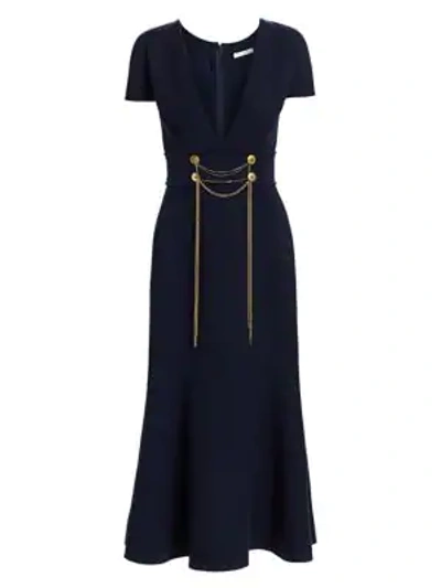 Shop Oscar De La Renta Wool-blend Draped Chain Trumpet Dress In Navy