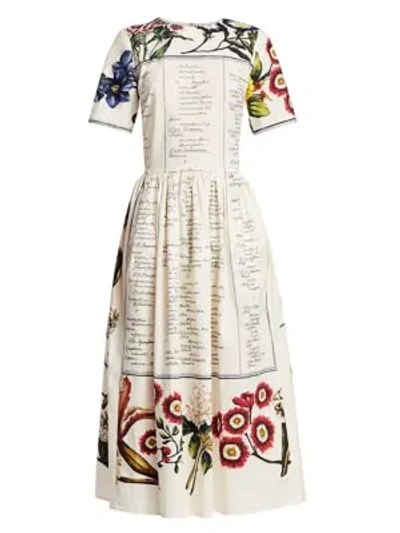 Shop Oscar De La Renta Floral & Cursive Print Midi A-line Dress In Ecru