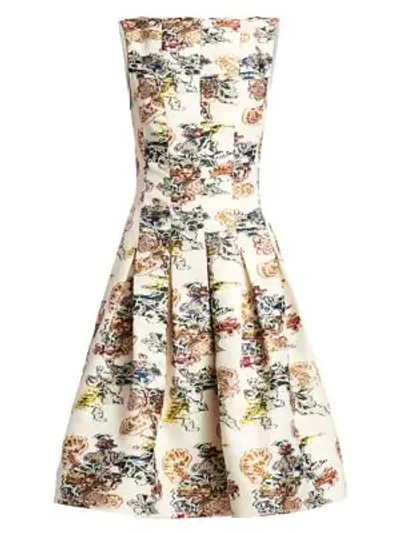 Shop Oscar De La Renta Floral-print Seam Box Pleat A-line Dress In Ivory