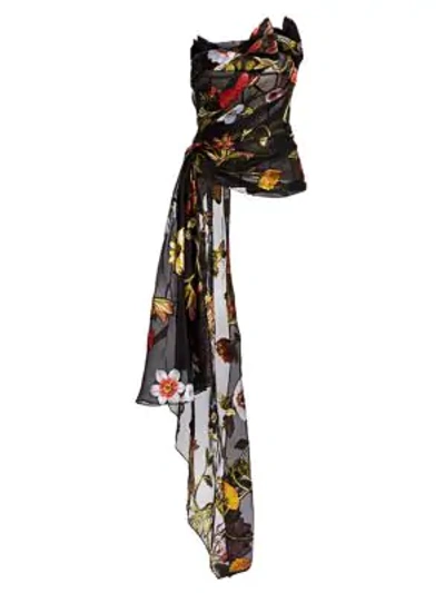 Shop Oscar De La Renta Floral Strapless Ruche Drape Silk Chiffon Blouse In Black Multi