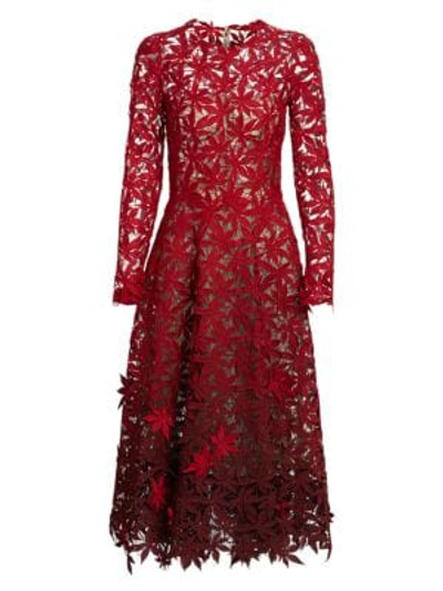 Shop Oscar De La Renta Embroidered Lace Eyelet Leaf Long-sleeve A-line Dress In Merlot