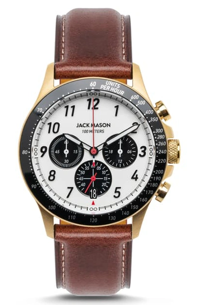 Shop Jack Mason Camber Racing Chronograph Leather Strap Watch, 42mm In Brown/ White/ Gold