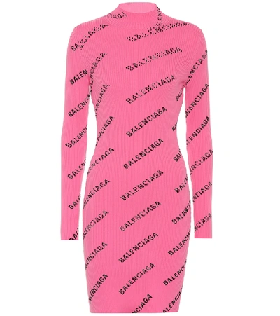 Shop Balenciaga Logo Ribbed-knit Minidress In Pink