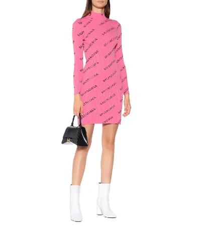 Shop Balenciaga Logo Ribbed-knit Minidress In Pink