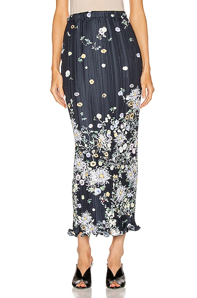 Shop Givenchy Long Pleated Wave Details Skirt In Blue,floral In Navy & Yellow