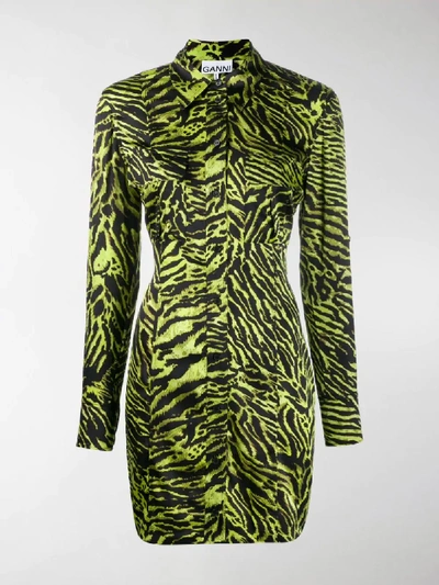 Shop Ganni Tiger Print Shirt Dress In Green