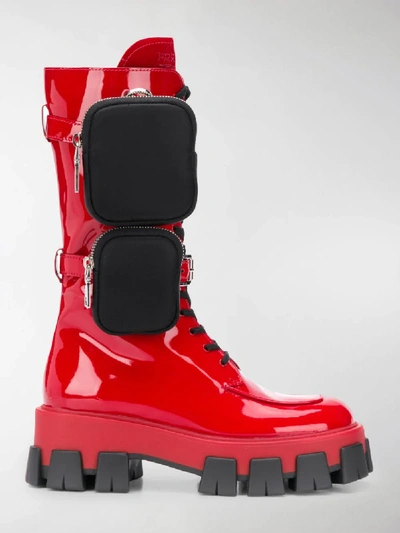 Shop Prada Pouch Detail Calf Boots In Red
